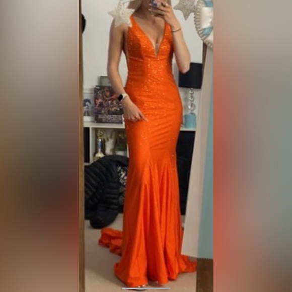 SHERRI HILL HOT ORANGE PROM DRESS - Picture 2 of 6